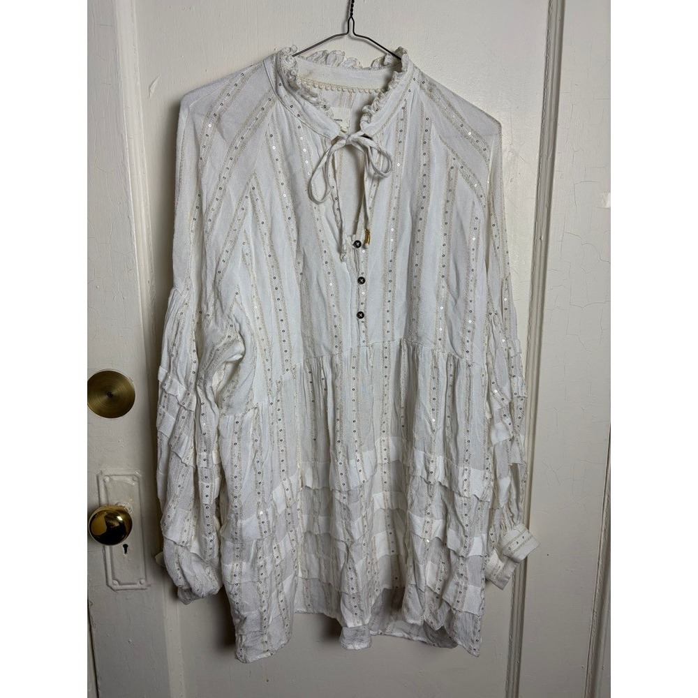 Anthropologie White Sequin Metallic Stripe Boho Tiered Peasant Blouse Top Medium